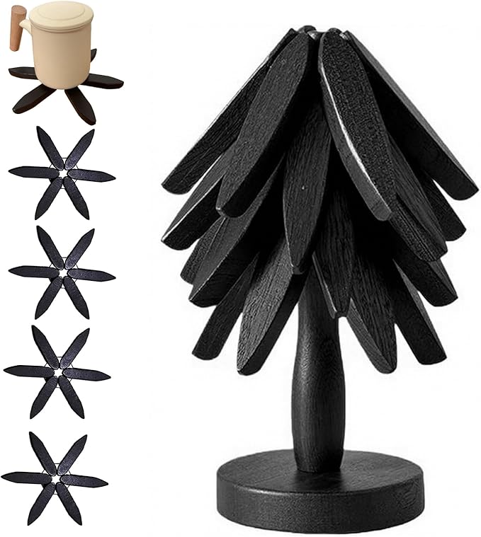 Wooden Trivets for Hot Dishes, Tree Shape Trivet Set, 4 Walnut Wood + 1 Stand stored Like a Christmas Tree,Foldable Kitchen Wooden Trivet,for Hot Dishes、Pot、Bowl、Teapot、Hot Pot Holder(Brown)
