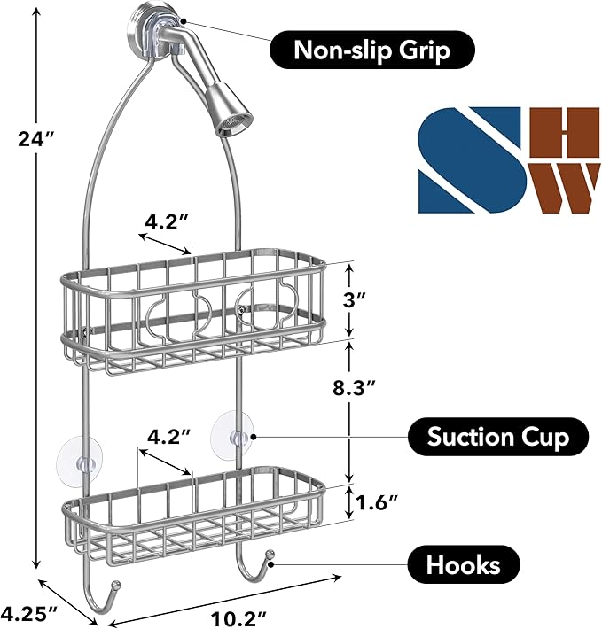 Simple Houseware Bathroom Hanging Shower Head Caddy Organizer, Silver (24 x 10.2 x 4.2 inches)