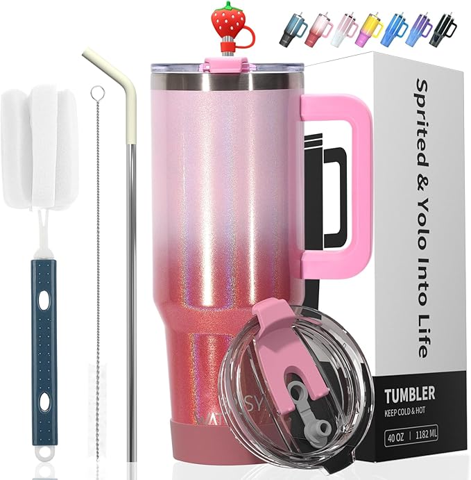 30 oz Shiny Tumbler with Handle and Straw,Stainless Steel Tumbler with Lid and Straw,Insulated Travel Mug(Cold for 34 Hours),Water Bottle for Iced Tea,Coffee (Red)