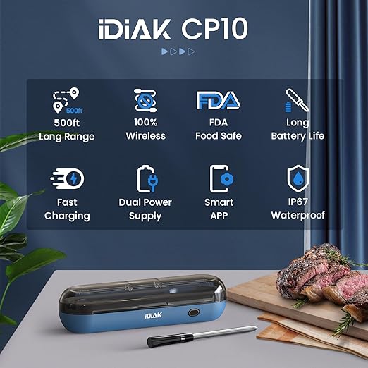 iDiAK Wireless Meat Thermometer for Grilling and Smoking, CP10 New Gen 500FT Meat Probe Thermometers, Dual Sensor, Dual Alarm, Smart Food Thermometer Probe for BBQ, Oven, Grill, Smoker, Sous Vide