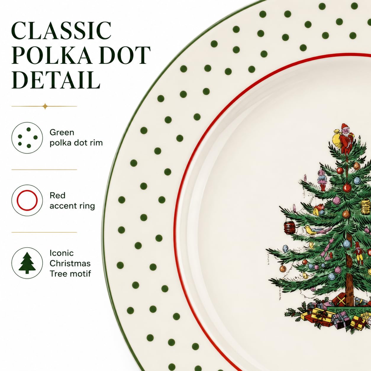 Spode Christmas Tree Polka Dot Dessert Plate (Set of 4) - Festive 8-Inch Stoneware Plates for Holiday Entertaining, Appetizers, Snacks - Microwave, Dishwasher, Freezer Safe Party Appetizer Dishes
