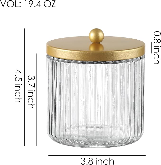 KMwares Matte Gold Set of 2 Glass Qtip Holder Dispenser Set for Cotton Ball, Swab, Round Pads, Floss Picks - Bathroom Canister Storage Organization and Vanity Makeup Organizer