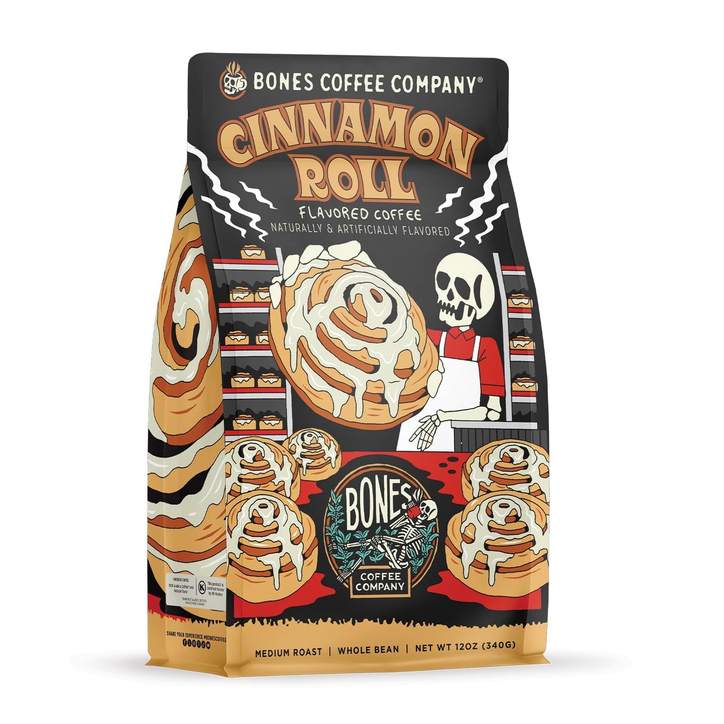 Bones Coffee Company Jamaican Me Crazy, Vanilla Caramel Flavored Coffee, Medium Roast Low Acid Arabica Beans Compatible with Auto drip and French Press Coffee Maker, 12 Oz Whole Bean