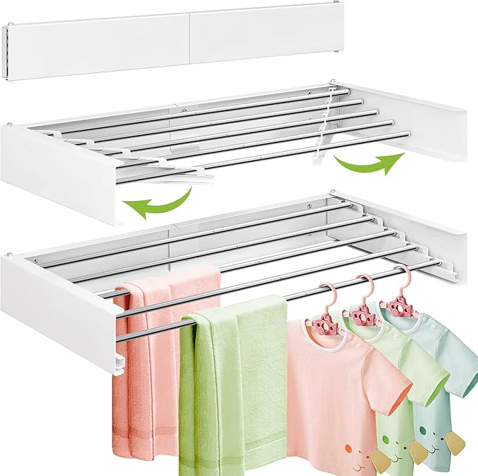Wall Mounted Drying Rack,32 inches,Foldbale, Clothes Drying Rack,Laundry Drying Rack Wall Mount,Drying Rack Clothing Space Saver,Retractable,Collapsible,Folding Laundry Rack,White