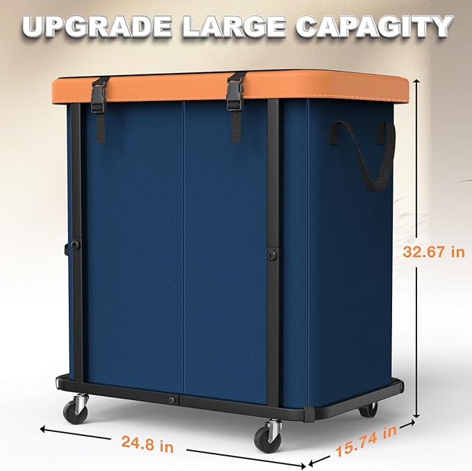 190L (50 Gal) Large Fashion Laundry Basket with Wheels, Leather Patchwork Rolling Hamper Carts, Sturdy Metal Frame, Removable Washable Bag, Tall Clothes Sorter for Bedroom, Laundry Room - Navy Blue