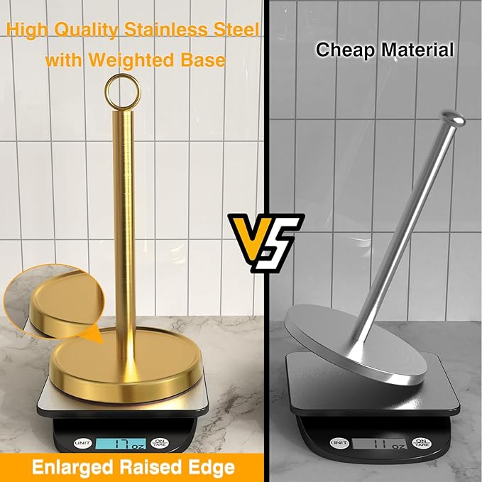 Gold Paper Towel Holder Countertop, Gold Kitchen Accessories Decor, Stainless Steel, Weighted Base, Paper Towel Stand for Bathroom Farmhouse Essentials