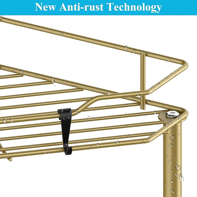 3 Tier Floor Standing Corner Shower Caddy Organizer Shelf with Hooks, Bathroom Shelves Stand Rack, Gold