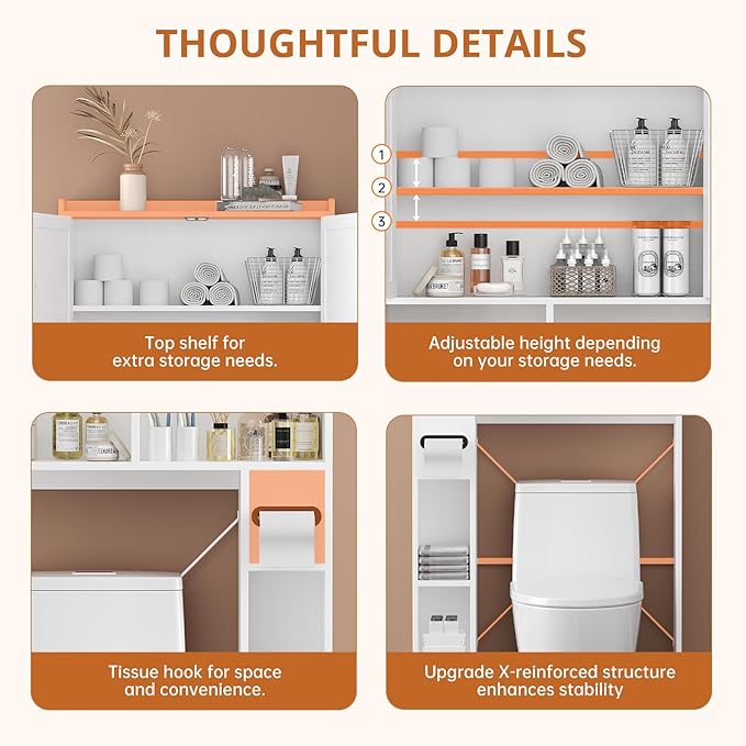 FURSUN 32" Extra Wide Over The Toilet Storage Cabinet, 7-Tier Bathroom Organizer with Metal Frame & Barn Doors, Space-Saving Farmhouse Toilet Shelf with Paper Holder & Adjustable Shelves, White