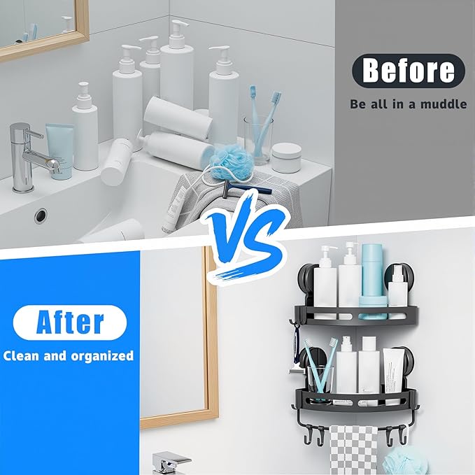 Corner Shower Caddy Suction Cup Shower Shelf Corner No Drilling Bathroom Shower Organizer Storage Rack Suction Cup Type with Towel Bar Hooks