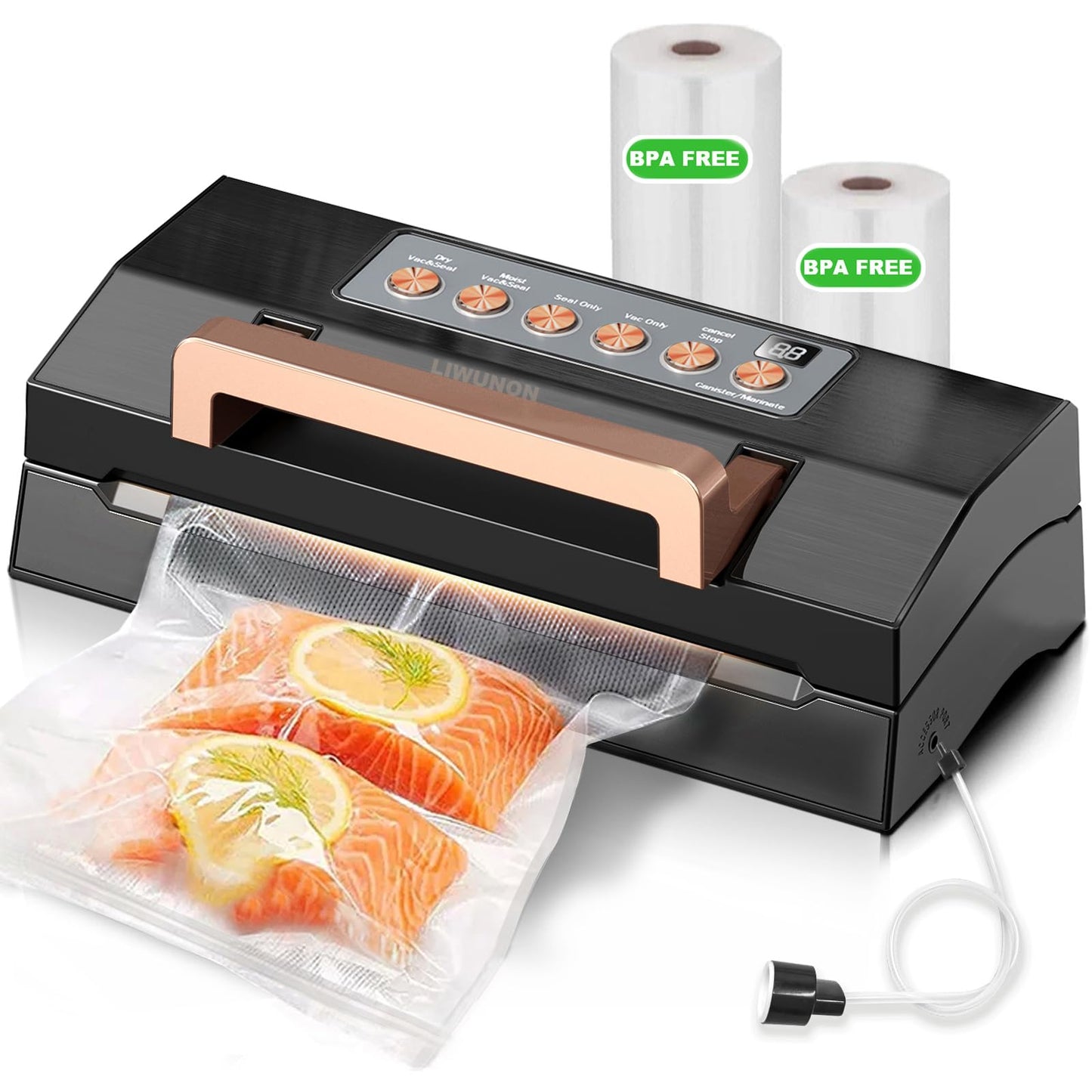 Powerful Suction Vacuum Sealer Machine,Commercial Fully Automatic Food Vacuum Sealer with Double Heat Seal,Dry & Moist Modes,Built-in Cutter,Bags Storage,Easy-Lock Handle,Include 2 Bag Rolls (Black)