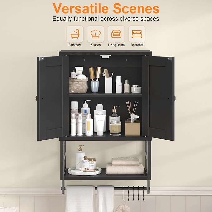 Farmhouse Medicine Cabinet - 3-Tier Wall Mounted Storage Organizer with Adjustable Shelves, Towel Bar, 5 Hooksfor Small Bathroom, Laundry Room, Over Toilet, Living Room, Bedroom (Black)