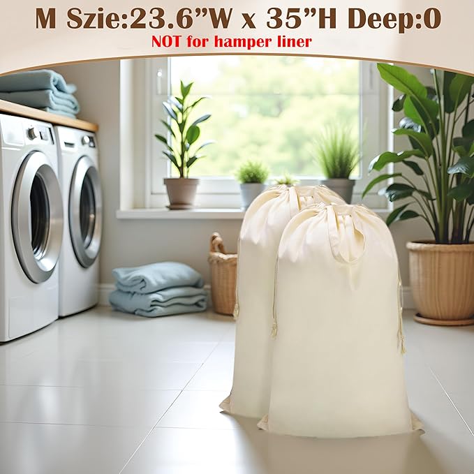 Canvas Laundry Bag with Handles & Drawstring 23.6"Wx35"H, Hanging Dirty Clothes Travel Bag, Heavy Duty Washable Laundry Sack (NOT Hamper Liner) - 2 Pack