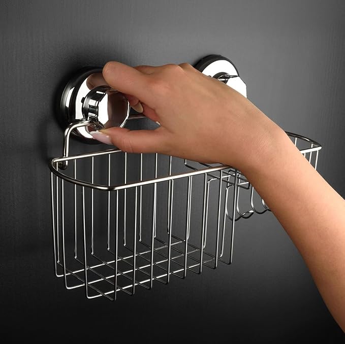 HASKO Suction Cup Shower Caddy Basket for Shampoo, Shower Suction Shelf Organizer, Basket with Soap Holder and Hooks, Stainless Steel Shampoo Holder for Bathroom Storage, Chrome