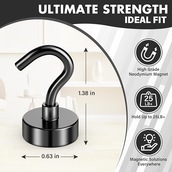 38Pack Heavy Duty Magnetic Hooks, 25LBS Powerful Black Metal Neodymium Magnets Hooks for Hanging, Magnets with Hooks Perfect for Home, Kitchen, Bathroom, Office, Cruise Must Haves