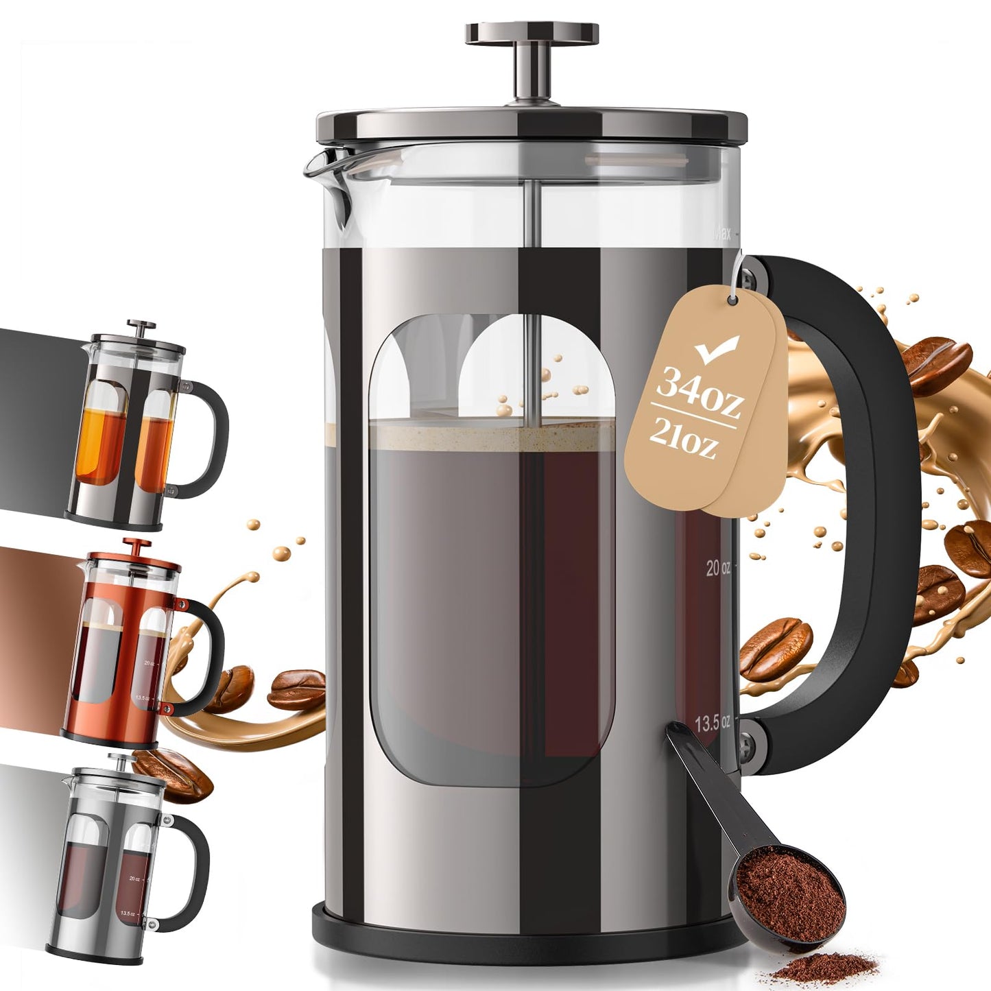 Veken French Press Coffee Maker,No Plastic Touching Cafe,34oz 1L Cafetera