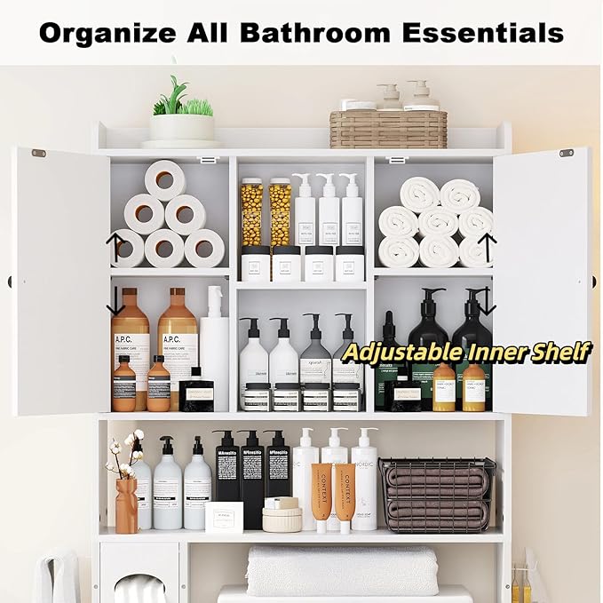 EasyCom Over The Toilet Storage Cabinet with Metal Frame and 7 Storage Shelves, Bathroom Organizer with Adjustable Shelves and Paper Holder, Farmhouse Storage Cabinet for Bathroom, Laundry, White