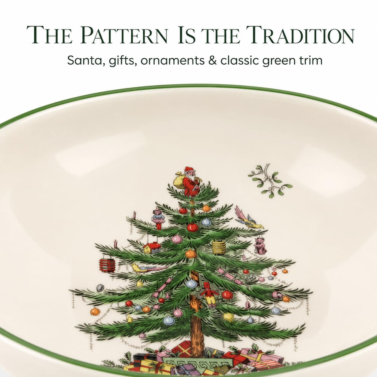 Spode Christmas Tree Large Round 10 Inch Bowl - Porcelain Serving Dish for Salad, Pasta, and Side Dishes - Iconic Holiday Design with Green Trim, Dishwasher, Microwave Safe - Festive Gatherings