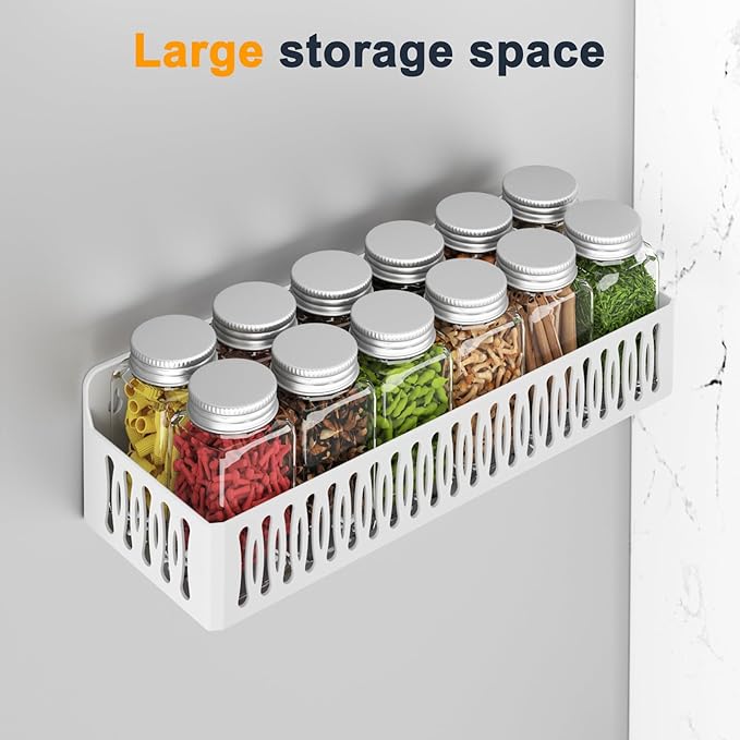 4 Pack Large Magnetic Spice Rack for Refrigerator, Spice Rack Organizer, Moveable Magnetic Shelf Fridge Organizer with 4 Hooks for Kitchen and Oven Organization, White