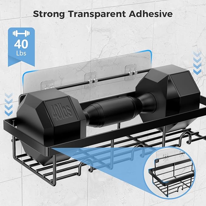 4-Pack Adhesive Shower Caddy - Rustproof Stainless Steel Shower Organizer - Large Capacity No-Drill Shower Shelves for Inside Shower Storage - Versatile Wall Mount Rack for Bathroom & Kitchen (Black)