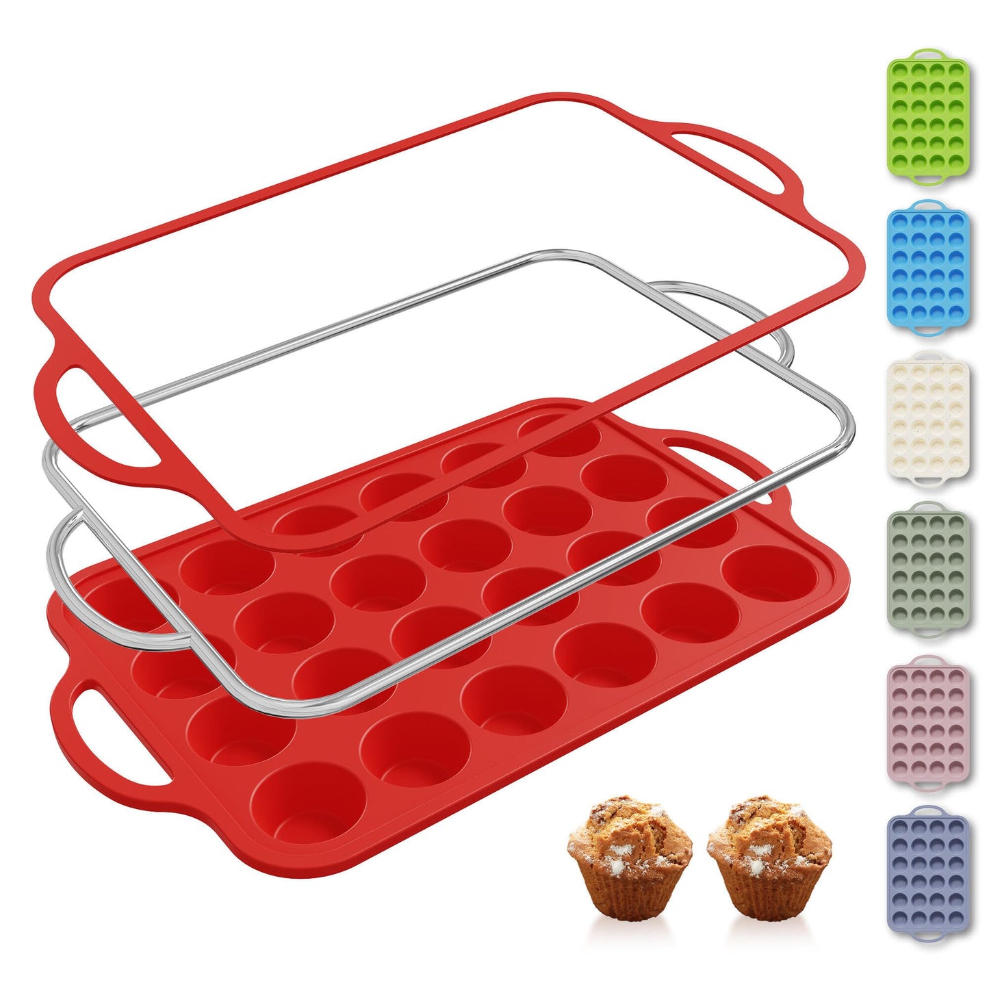 2 Packs 12 Cups Silicone Muffin Pan for Baking with Metal Reinforced Frame Regular Size Cupcake Pan Tray Chocolate Egg Pizza Bites Oven Top Cookie Molds Muffin Tin Tart Pans Sheet Set Bakeware Liner