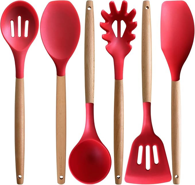 IOCBYHZ Silicone Cooking Utensils Set 5Pcs Non-Stick Silicone Kitchen Utensils for Cooking, Heat Resistant Kitchen Gadgets Spatula Spoon Turner Set with Wooden Handles for Non-Stick Cookware BPA Free