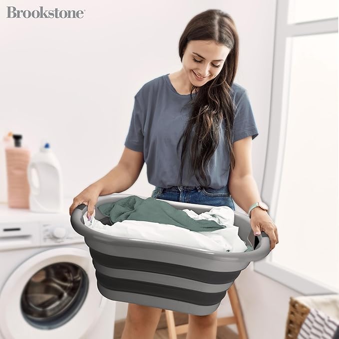BROOKSTONE Collapsible Laundry Basket Set, Modern Medium Collapsible Basket Set, Comfort Non-Slip Grip Handles, Minimalist Space Saving Design, Portable Pop-Up Hamper, BPA FREE, Dark Grey, 2 PACK
