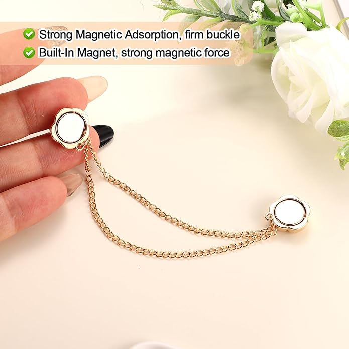 6pcs Magnetic Clothing Clips with Chain, Multi-Function Magnet Button Pins Hijab Cuff Clips for Fixing Hem of Clothes Long Pants Legs Sleeves of Shirts