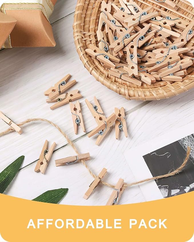Mini Clothes Pins for Photo, Natural Small Wooden Clothespins 1 Inch Tiny Wood Decorative Clips Bulk, 33FT Jute Twine and Clothespins for Crafts Photos Pictures Baby Shower Game Classroom, 250 PCS