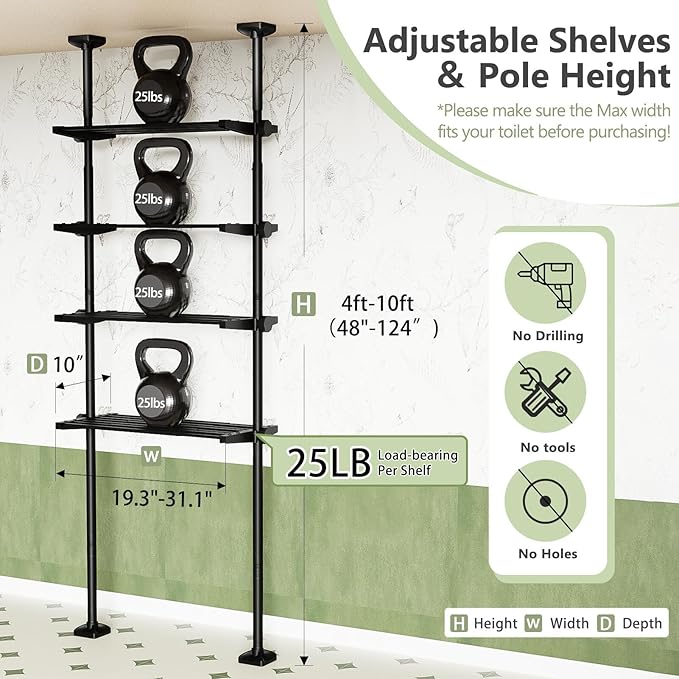 Bonpally Over The Toilet Storage Shelf, 4-Tier Adjustable Bathroom Organizer, No Drill Tension Mounted Shelves, Space-Saving Bathroom Cabinet Rack Above Toilet for Small Rooms, Black