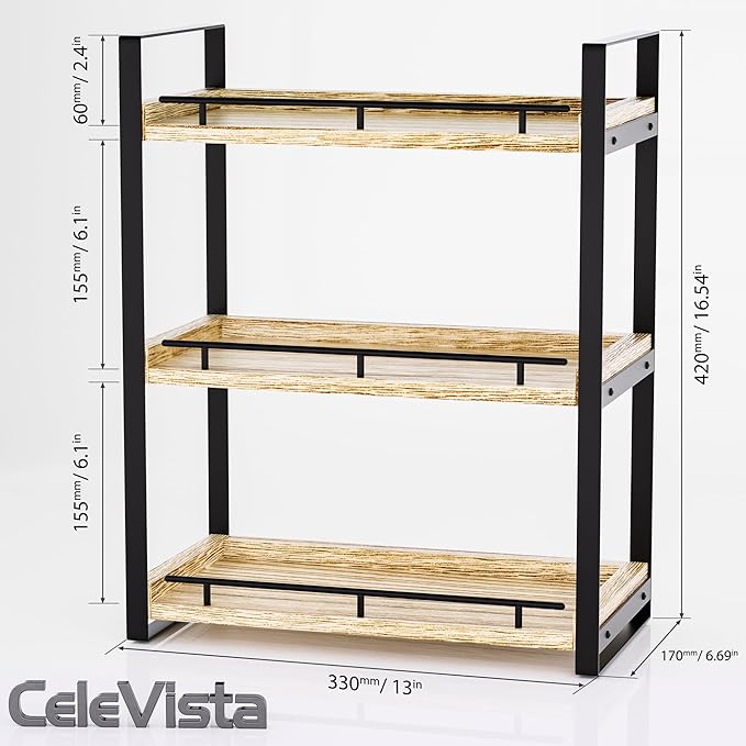 Bathroom Counter Organizer, 3 Tier Wood Countertop Shelf for Vanity, Skincare, Makeup, Kitchen Coffee and Sink Storage, with Durable Metal Bracket (Light Brown)