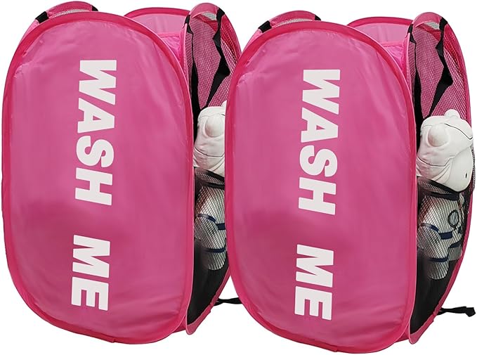 2 Pack Mesh Pop Up Laundry Hamper Collapsible Laundry Basket Pink Dirty Clothes Basket for Laundry Room, College Dorm, Bedroom, Travel