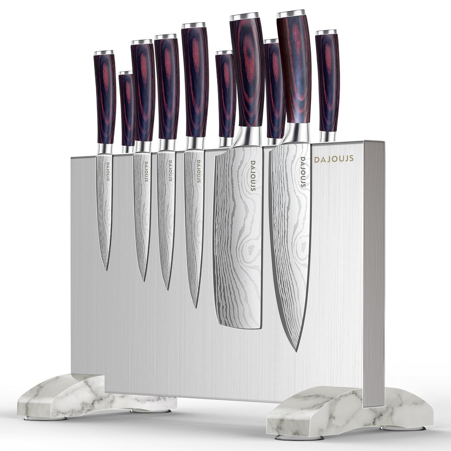 Magnetic Knife Holder, Stainless Steel Magnetic Knife Block without Knives, Strong Double Sided Magnet Knife Storage Strip with Wood Base for Kitchen Counter-Silver
