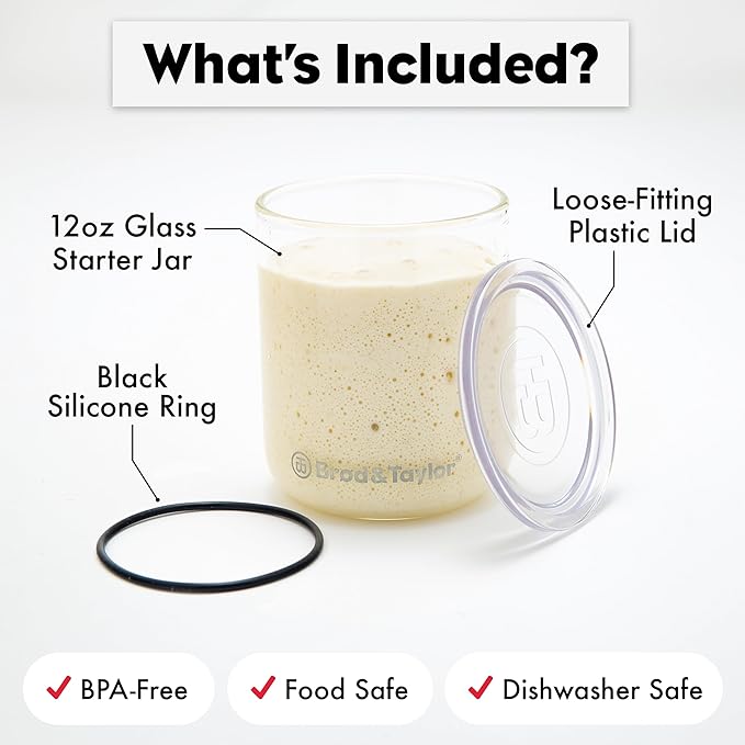 Brod & Taylor Small Sourdough Starter Jar (12oz) Less Discard Waste, 100% Dishwasher Safe, Measurement Markings, and Height Marker (Durable Glass Jar, BPA-Free)