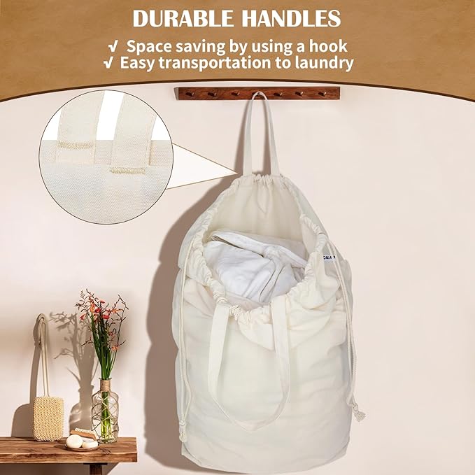 Canvas Laundry Bags with Handles & Square Base 13.8"Lx13.8"Wx27.6"H, Large Heavy Duty Laundry Hamper Bag, College Dorm Washable Drawstring Canvas Dirty Clothes Sack (Beige,1 Pack)