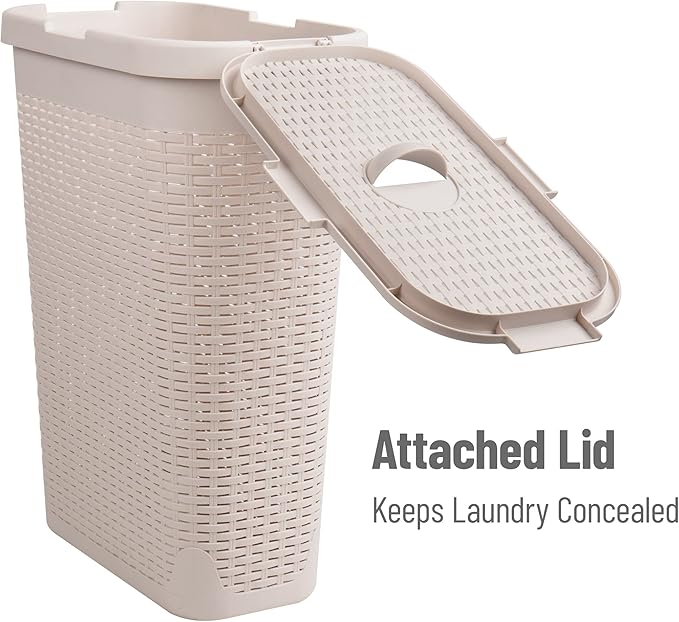 Mind Reader Slim Laundry Hamper with Lid, 40L Clothes Basket, Premium Wicker Design, Plastic, Ivory