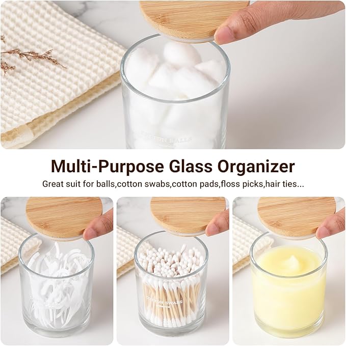 Glass Qtip Holder 2 Pack , Qtip Holder Dispenser Bathroom Set Bathroom Organizers and Storage Q tip Holder with Lid Makeup Storage Organizer for Cotton Swabs,Cotton Balls,Pads,Floss Picks Transparent