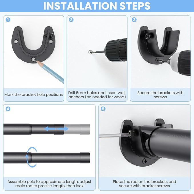 Closet Rods for Hanging Clothes, 17 to 99 Inch Stepless Adjustable Closet Rod, 1.3 Inch Diameter Metal Heavy Duty Closet Hanging Rod for Closet Wardrobes Laundry RV, Black