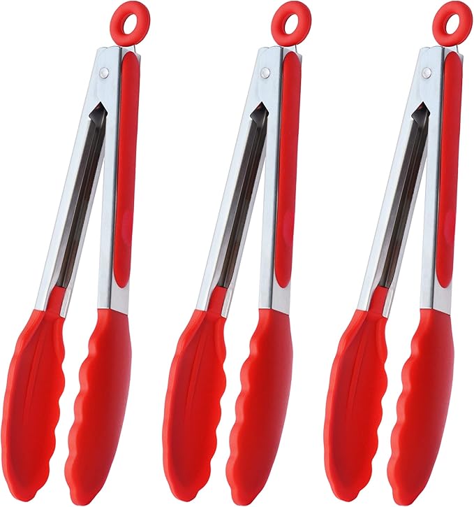 HINMAY Silicone Tipped Tongs 9" Kitchen Cooking Tongs, Set of 3 (Yellow)