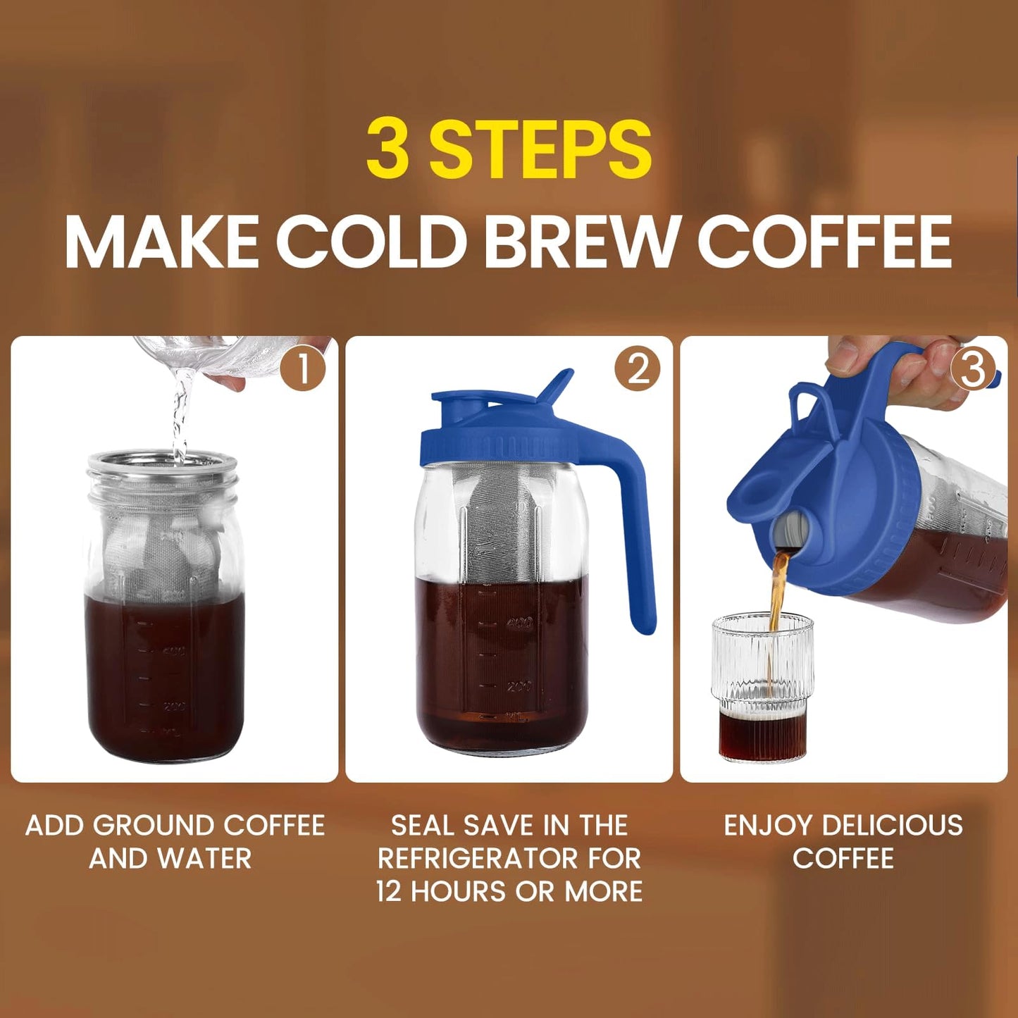 QHH Cold Brew Coffee Maker, 64 oz Mason Jar Pitcher with Stainless Steel Filter, Pour Spout Handle Lid, Airtight & Leak-Proof for Iced Coffee,Tea & Lemonade