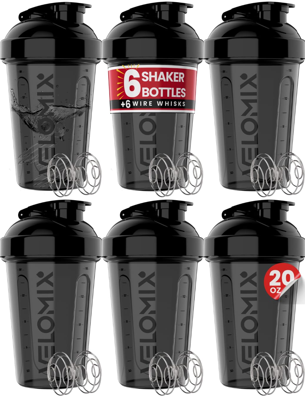 VELOMIX 6 Pack 20oz Protein Shaker Bottle for Protein Mixes, Muted Contrast