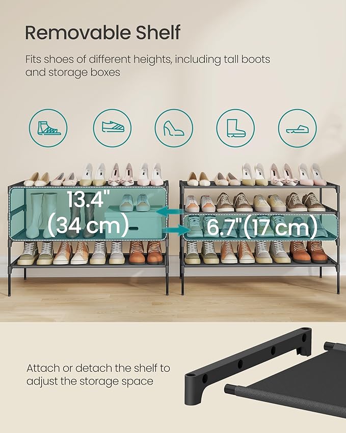 SONGMICS Shoe Rack, 4-Tier Shoe Storage Organizer, Space-Saving, 11.7 x 36.1 x 27.7 Inches, Entryway, Metal Frame, Non-Woven Fabric Shelves, Ink Black ULSH034BH01