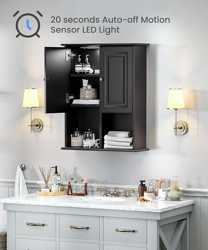 HAIOOU Bathroom Wall Cabinet with Motion Sensor LED Light, Wooden Medicine Cabinet Wall Mounted Cupboard, Over Toilet Storage Cabinet with Buffering Hinges and Adjustable Shelf - Black