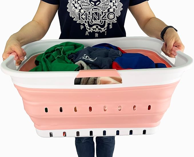SAMMART 42L (11 gallon) Collapsible Plastic Laundry Basket - Foldable Pop Up Storage Container/Organizer - Space Saving Hamper/Basket (1, White/Quartz Pink)