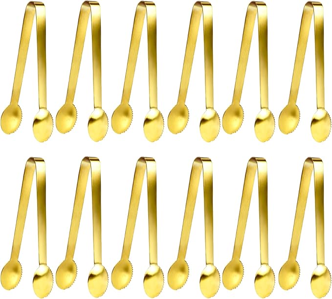 JCREN 12 Pack Mini Tongs - Small Stainless Steel Food Tongs for Serving Appetizers, Tea Party, Coffee, Desserts - 5 inch - Gold
