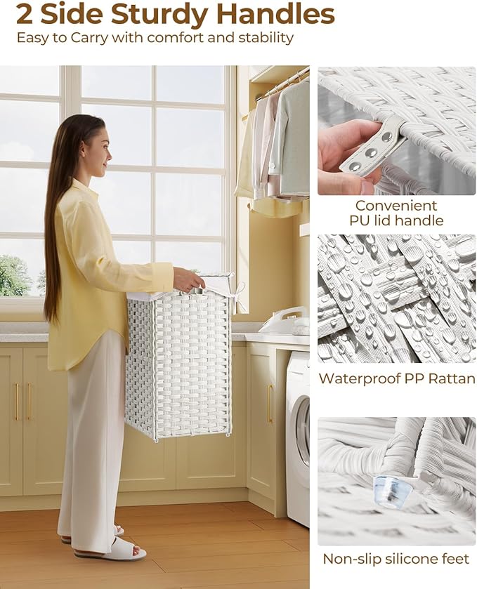 Greenstell Laundry Hamper with Lid, 90L Clothes Hamper with 2 Removable Liner Bags & 2 Mesh Laundry Bags, Handwoven Synthetic Rattan Laundry Basket for Clothes, Toys in Bathroom, Bedroom White