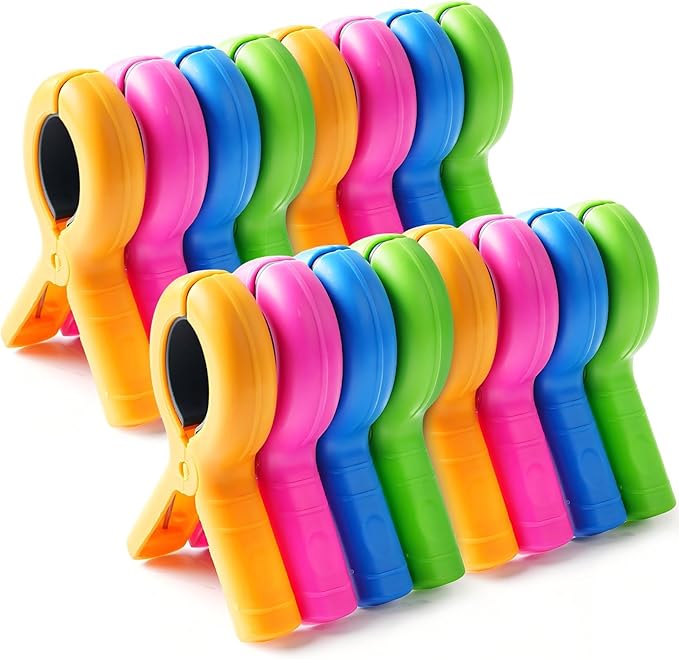 16 Pcs Beach Towel Clips for Beach Chairs, Towel Holder for Beach Chair Pool Chair on Cruise, Jumbo Size Heavy Duty Clothes Pins, Beach Chair Clips to Keep Your Towel from Blowing Away, 4 Colors