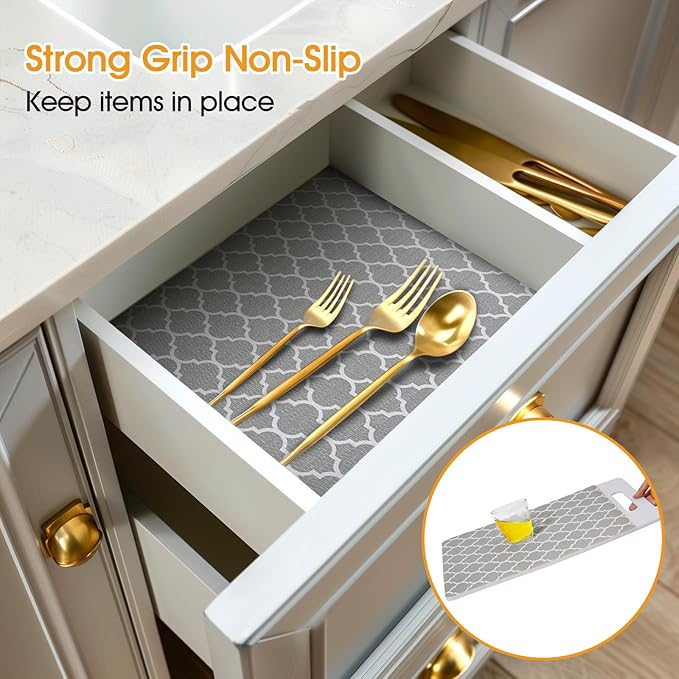 Shelf and Drawer Liner for Kitchen Cabinets Non-Adhesive, Strong Grip Non-Slip Thickened Cabinet Liners for Shelves, Waterproof Mats for Dresser Cupboard, Gray, 17 in x 10 Feet