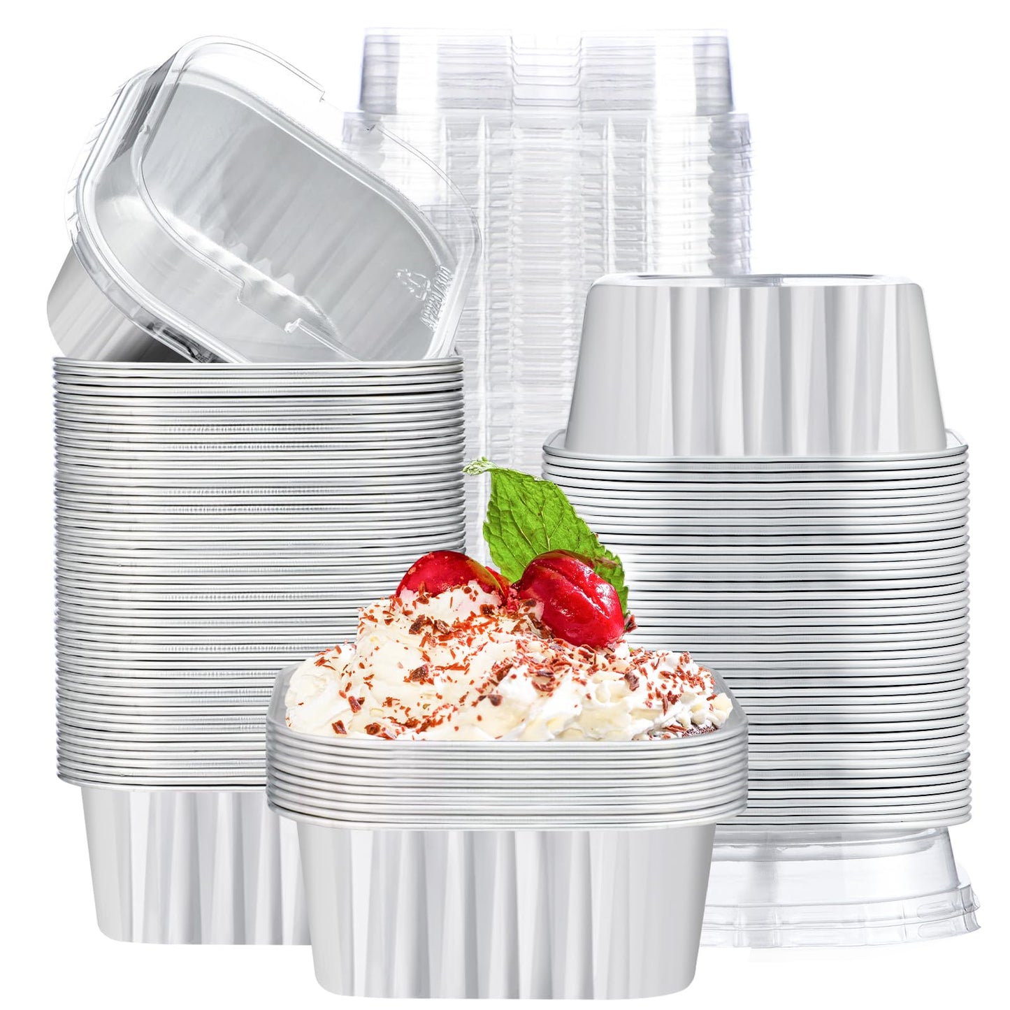 EUSOAR Creme Brulee Ramekins Disposable, 50pcs 10oz Cupcake Liners Foil Baking Cups with Lids, Aluminum Muffin Cups Square Dessert Wrappers Mini Cake Loaf Bread Pans for Wedding Birthday Party