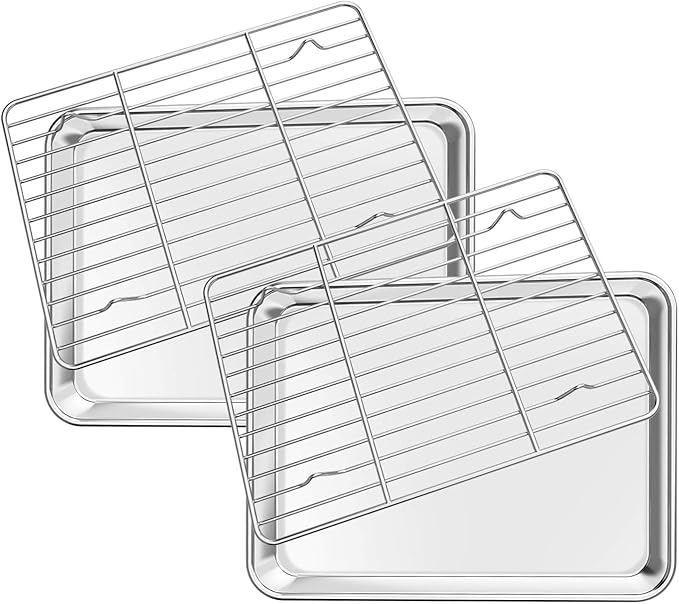 Deedro Baking Sheet with Rack Set [2 Sheets + 2 Racks], Stainless Steel Cookie Half Sheets Baking Pan Oven Tray with Cooling Rack, 12 x 10 x 1 Inch, Heavy Duty, Non-toxic, Easy Clean
