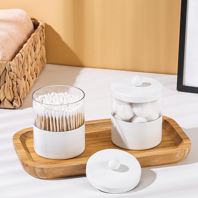 Gaussra White Apothecary Jars, White Qtip Holder - Stainless Steel Bathroom Jar with Stickers - Farmhouse Decor Qtip Dispenser for Qtips, Cotton Balls, Swabs, Makeup Sponges (2-Pack)